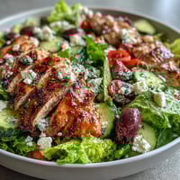 Griechischer Salat mit gegrilltem Hähnchen: Farbenfroher Teller mit saftigem Hähnchen auf knackigem Salat und cremigem Feta.