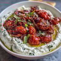 Kremige Feta-Creme mit süßen, im Ofen gerösteten Kirschtomaten, serviert mit warmem Fladenbrot.