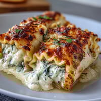 Goldene Garlic Butter Lasagna Roll-Ups aus dem Ofen, überbacken mit geschmolzenem Mozzarella und Parmesan.