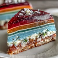 Buntes Wackelpudding-Torte mit Kokosmilch, verführerisch geschichtet für den Sommer.