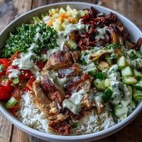 Würziges Hendl-Shawarma-Bowl mit cremigem Tahini-Dressing serviert.